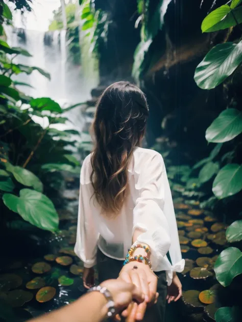 bf_holding_hands,  walking in waterfall in dense jungle, rainbow, 
detailed,8k, detailed shadow, 1 botomless plum girl, long hair, ombre blonde hair, white transparent shirt, jewelry ,(masterpiece,best quality),
