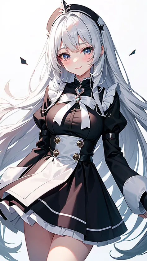 Magical girl　black and white costume　mini skirt　No sleeve　Long hair with silver hair　blush　smile　Great style　Directly facing　universe space