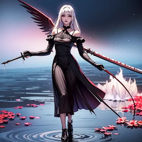 1 dark angel dancing on the lake, flowers and sword, splashed water, dimaond, smoke, lolita long dress, rage, bloody, 8k, hd, unreal engine, dreamy, romantic