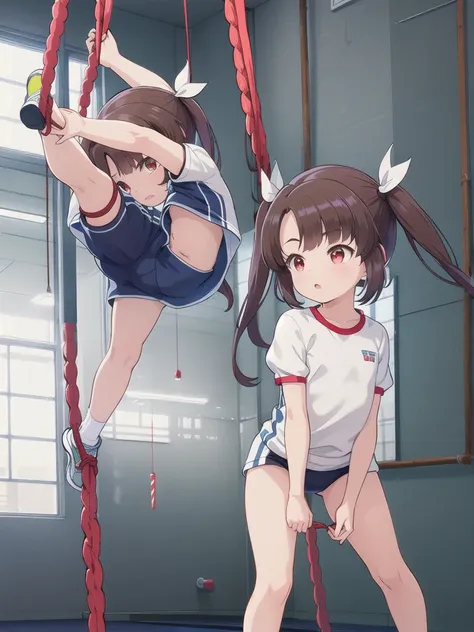 1girl,white gym clothes,red eyes,long twin tails,brown hair,eyebrows visible through hair,flat chest,rope climbing,