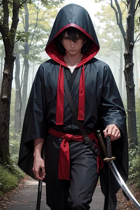 There is a man walking through a forest, He carries a katana, Wearing a hooded cloak. (Assassin) (Solo)