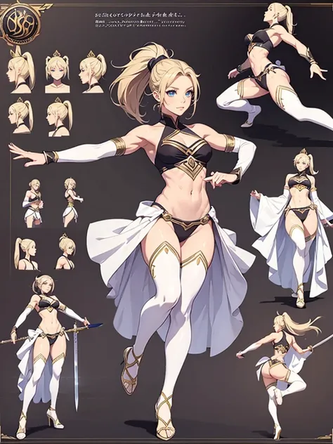 Muscular female, full body, ponytail, makeup , best quality, blade dancer, sect princess, cultivator, floating swords, full body, character sheet, elegent clothing, flowing clothing