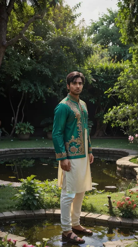 A beautiful portrait of a young man with striking features, wearing a traditional Pakistani outfit, standing in a lush, verdant garden with blooming flowers and a serene pond in the background, (best quality,4k,8k,highres,masterpiece:1.2),ultra-detailed,(r...