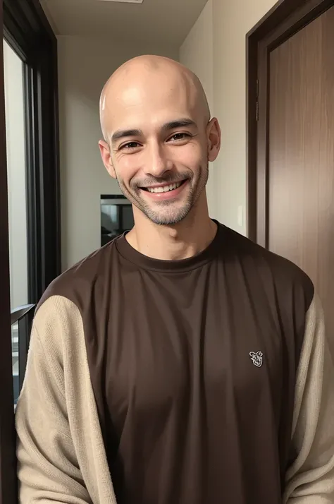 Tall Boy Dark brown eyes Bald hair Smiling 