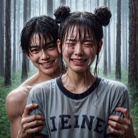 "a beautiful 17-year-old korean woman, crying, caught in the rain with wet clothes, wearing a t-shirt, ponytail with two space b...