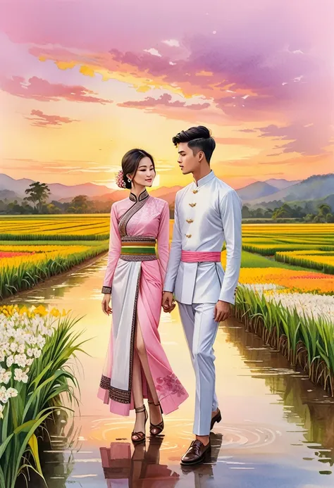 candid fashion illustration of two young man and women, 20-27 year old, adorned in a meticulously crafted north thai traditional...