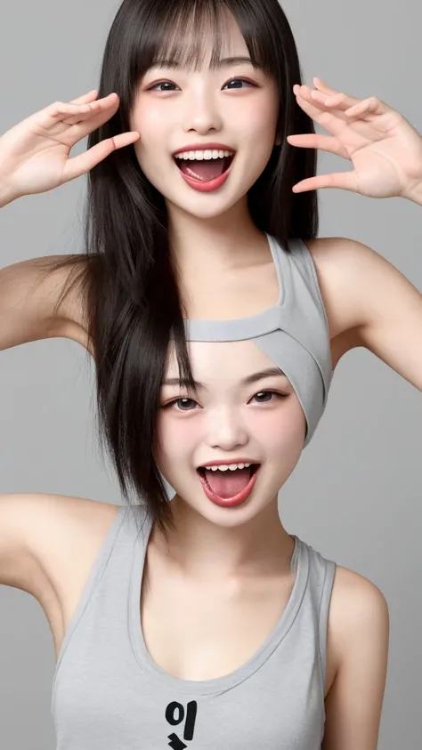 long tongue, tongue out, sticking out tongue, showing tongue, laughing with mouth wide open and teeth showing, natural smile, (((salute))), salute, Japanese girl, 20-year-old girl, beautiful, pretty face, cute face, mischievous expression, tank top,