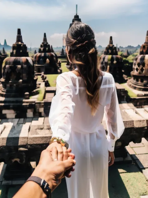 bf_holding_hands,  walking in Borobudur tample, rainbow, 
detailed,8k, detailed shadow, 1 botomless plum girl, long hair, ombre blonde hair, white transparent shirt, jewelry ,(masterpiece,best quality),
