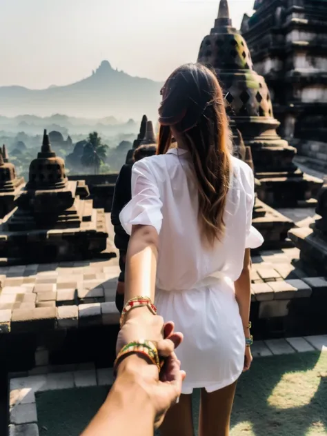 bf_holding_hands,  walking in Borobudur tample, rainbow, 
detailed,8k, detailed shadow, 1 botomless plum girl, long hair, ombre blonde hair, white transparent shirt, jewelry ,(masterpiece,best quality),
