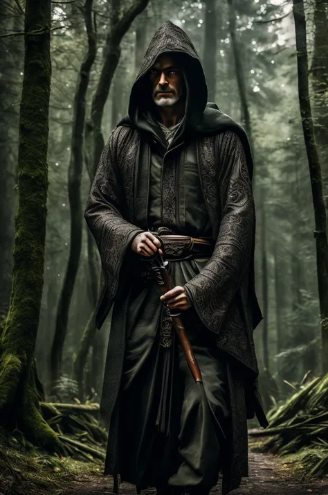 intricate detailed portrait of a man walking through a forest, man wearing hooded cloak, man carrying katana, highly detailed face, vivid colors, dramatic lighting, cinematic composition, dark fantasy, moody atmosphere, dramatic shadows, photorealistic, ma...