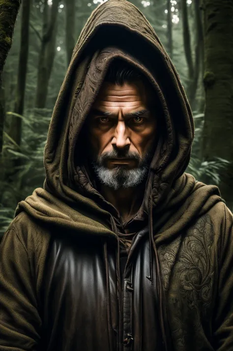 intricate detailed portrait of a man walking through a forest, man wearing hooded cloak, man carrying katana, highly detailed face, vivid colors, dramatic lighting, cinematic composition, dark fantasy, moody atmosphere, dramatic shadows, photorealistic, ma...