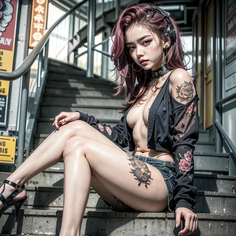 a tattooed girl sitting on a staircase looking at the city, fine and delicate woman, full body, realistic, pink pupils, beautiful eyes, long eyelashes, almond-shaped eyes, red makeup lips, punk style, intricate details, vivid details, detailed skin, detail...