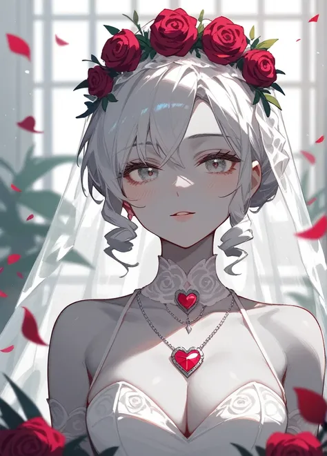 (Fraction_9,Fraction_8_Direction_7_up),1 Woman,bust，There is a heart on the chest，There is a big rose on the waist，Black Wedding Dress Bride，Zombie Bride，curls，Gray skin,Off-white hair,Close your eyes,Black wreath on head,Black wedding dress with golden ed...