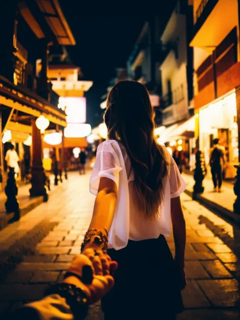 bf_holding_hands,  walking on night street of Bali, 
detailed,8k, detailed shadow, 1 botomless plum girl, long hair, ombre blonde hair, white transparent shirt, jewelry ,(masterpiece,best quality),
