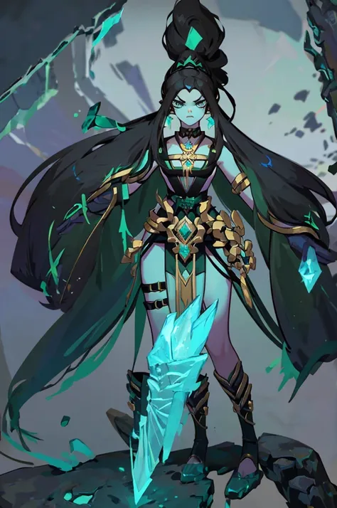 "Concept art of a female telepathic assassin named Astra. She has piercing green eyes, long dark hair tied in a ponytail, and is wearing a sleek, dark outfit with hints of green accents. She carries an intricate dagger with a gemstone hilt. The background ...