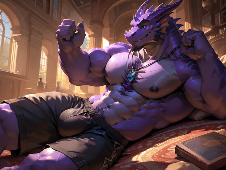 cursedmarked,darkgem, lindong, mouth open, taran fiddler, zoroj, chunie, anthro, solo, abs, (scaly), (come hither gesture:1.5) (purple dragon:1.2), (dark purple chest:1.6), muscular male, bedroom, big muscles, big nipples, (looking at camera:1.4), (lying o...