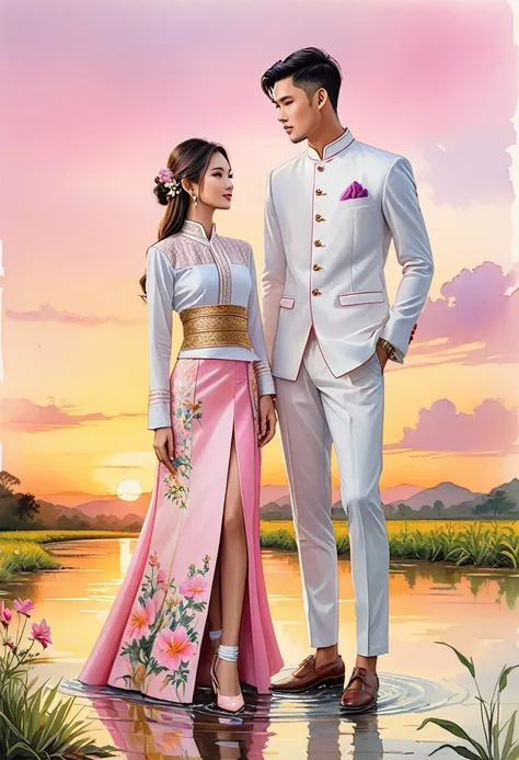 candid fashion illustration of two young man and women, 20-27 year old, adorned in a meticulously crafted north thai traditional...