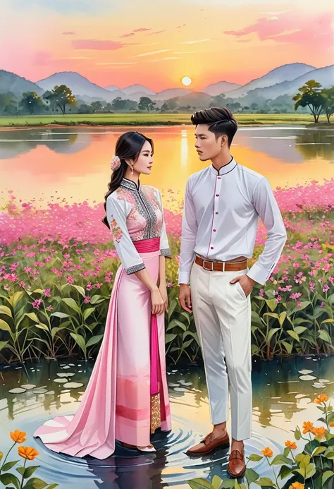 candid fashion illustration of two young man and women, 20-27 year old, adorned in a meticulously crafted North Thai traditional outfits, Lampang, ((showcase fashion Lanna style in cotton handwoven in pink)), simple elegant style, The man wears a simple lo...