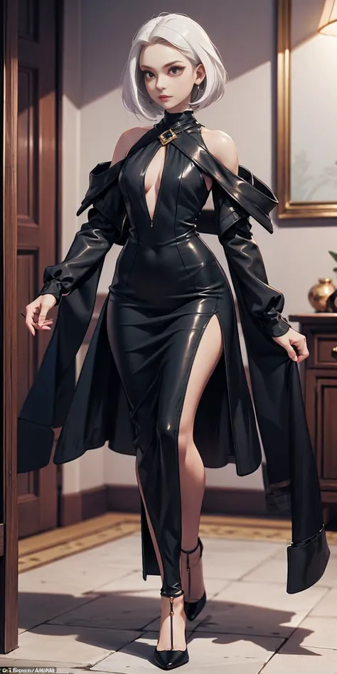 Setting: Royal bedroom - Grand, opulent, with rich fabrics and tapestries Character: Appearance: White hair - Short, styled in a sharp bob Full figure - Curvaceous Attire: High boots - Leather, reaching up the calves Elegant outfit Shirasu Azusa