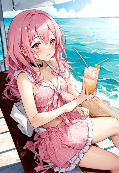 at the seaside，Pink Hair Girl，Drinking summer drinks