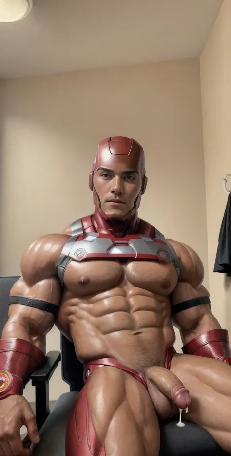 (masterpiece, intricately detailed, highest resolution, best quality:1.2), (doujin), a cocky Latino Instagram influencer,a 24 y.o muscle stud with a muscular physique sitting on a chair with black eyes,dark-skinned male, wearing a ((Ironman inspired costum...