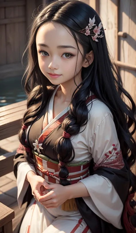 (Highest quality,High resolution,masterpiece:1.2),Super detailed,Realistic,Portrait Scene,nezuko,Beautiful attention to detail,Beautiful lip detail,Long black hair,Gentle expression,Peaceful atmosphere,smile,Traditional clothing of Japan,Soft lighting,Vibr...