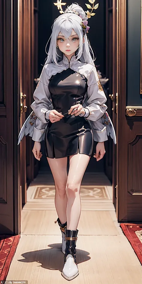 Setting: Royal bedroom - Grand, opulent, with rich fabrics and tapestries Character: Appearance: White hair - Short, styled in a sharp bob Full figure - Curvaceous Attire: High boots - Leather, reaching up the calves Elegant outfit Shirasu Azusa