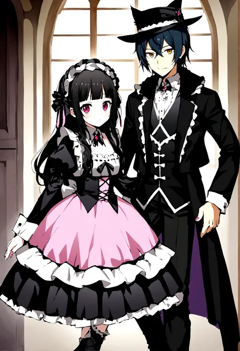 Arafe in a pink and black dress and hat, Takanobu Fujiwara(Takanobu Fujiwara)Digital rendering inspired by, pixiv, rococo, Victoria Gothic Lolita Fashion, Lolita Style, Rococo Queen (Rococo Queen) (Rococo Queen (Rococo Queen)), gothic maiden anime boy. roc...