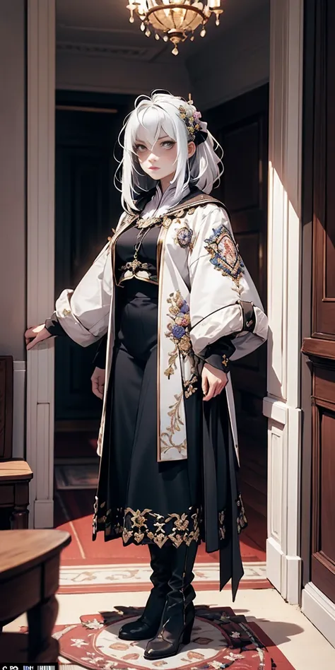 setting: royal bedroom - grand, opulent, with rich fabrics and tapestries character: appearance: white hair - short, styled in a...