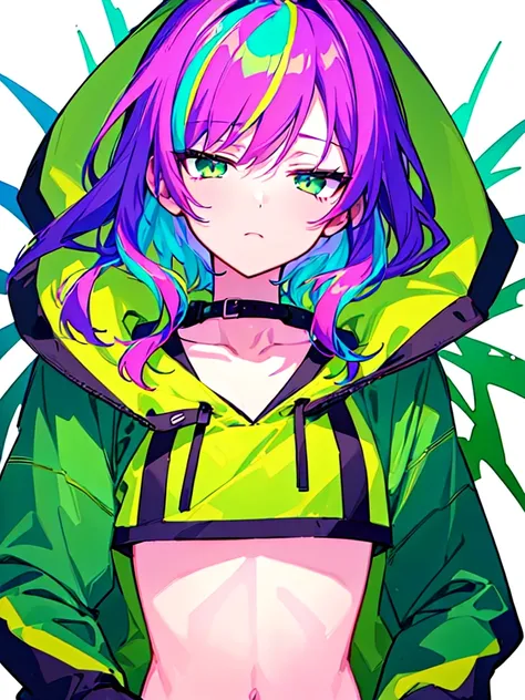 [(WHITE BACKGROUND:1.5),::5], ((((masterpiece)))), high quality, ultra very high resolution, full color, (((solo))), ((little boy)), Purple hair, ((Green streaked hair)), (Green eyes), anime, ((upper body)), neon light, black parka, 