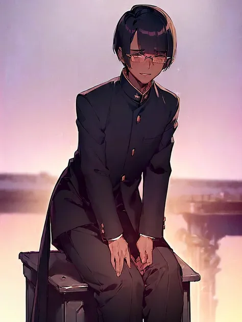 (1 feminine boy solo:1.4),(dark skin:1.5) ,20 years old, (black hair:1.3), (glasses:1.4), , (straight hair:1.5), (evil smile:1.2) ,long sidelocks, (blush:1.3),(gakuran,long pants:1.5),(very short pixie cut:1.4),(blunt bangs:1.4), (greaming skin:1.3),class ...