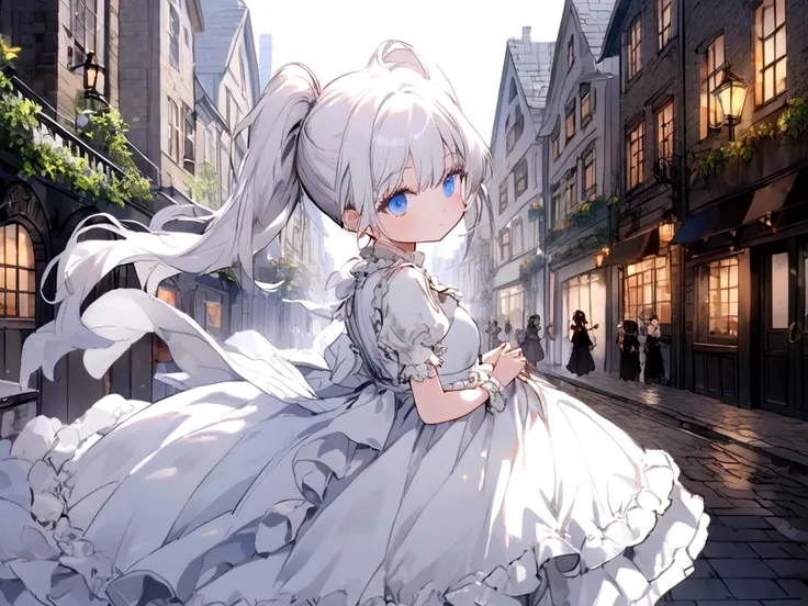 White Hair，Double ponytail curl，Blue Eye Color，White Lolita，Beth，Bustling city streets,Private Server,depth,Innocence