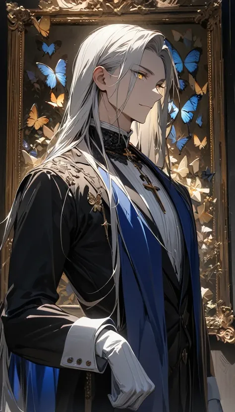 (masterpiece:1.5)，best quality，(1 Handsome man)，alone，white long length hair，(yellow eyes), (A soft smile)，elegant，perfect face，Long black trench coat，white and blue cloth，white leather gloves，white lining，Slightly muscular body，High，8K，Beautiful contrast ...