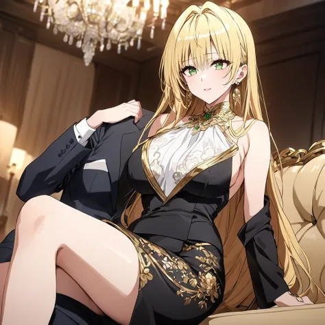 ((Highest quality)), ((masterpiece)), (detailed), （Perfect Face）、The woman is a thief with green eyes and medium-long blonde hair. She is wearing a luxurious black skirt-type suit with gold embroidery and trim, a luxurious and elegant white blouse with fri...