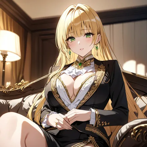 ((Highest quality)), ((masterpiece)), (detailed), （Perfect Face）、The woman is a thief with green eyes and medium-long blonde hair. She is wearing a luxurious black skirt-type suit with gold embroidery and trim, a luxurious and elegant white blouse with fri...