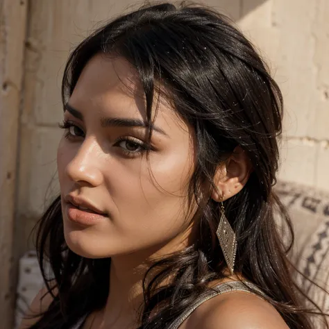 Realistic portrait of a moroccan woman with black  hair, front profile full, flirty model face