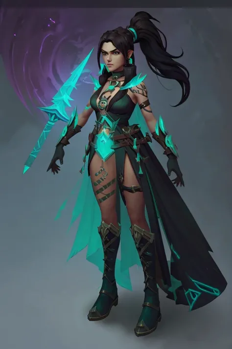 "Concept art of a female telepathic assassin named Astra. She has piercing green eyes, long dark hair tied in a ponytail, and is wearing a sleek, dark outfit with hints of green accents. She carries an intricate dagger with a gemstone hilt. The background ...