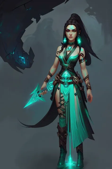 "Concept art of a female telepathic assassin named Astra. She has piercing green eyes, long dark hair tied in a ponytail, and is wearing a sleek, dark outfit with hints of green accents. She carries an intricate dagger with a gemstone hilt. The background ...