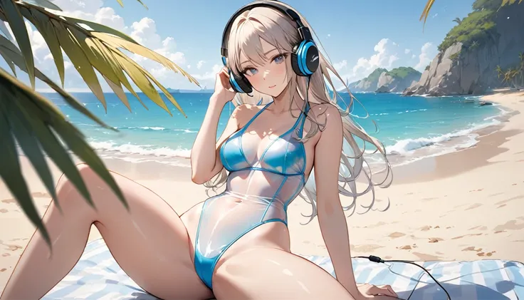 ((Top Quality)), ((Masterpiece)), ((Details)), perfect face, perfect body, sitting by the beach, listening to music, wearing headphones, wearing swimsuit, transparent swimsuit, wearing clothes exposing tight hips and breasts Woman with face visible, sittin...