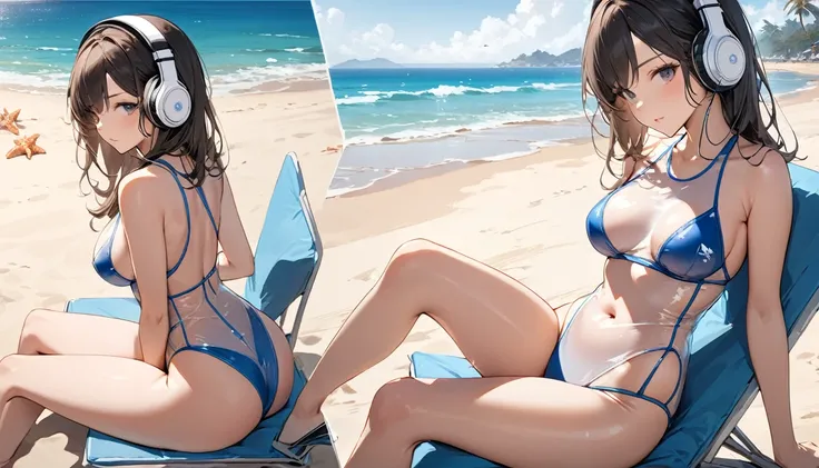 ((Top Quality)), ((Masterpiece)), ((Details)), perfect face, perfect body, sitting by the beach, listening to music, wearing headphones, wearing swimsuit, transparent swimsuit, wearing clothes exposing tight hips and breasts Woman with face visible, sittin...