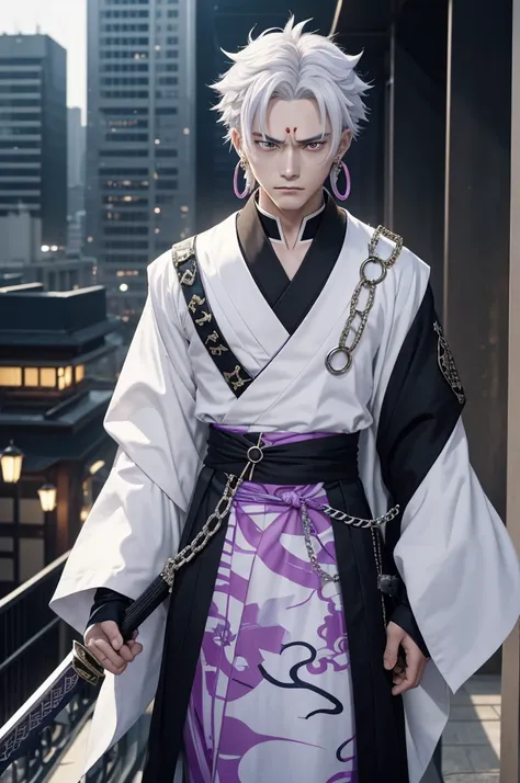 The image contains a character from the anime series "Kimetsu no Yaiba" (also known as "Demon Slayer"). The character is Muichiro Tokito, the Mist Hashira of the Demon Slayer Corps. He is a young man with a pale complexion and white hair that is styled in ...