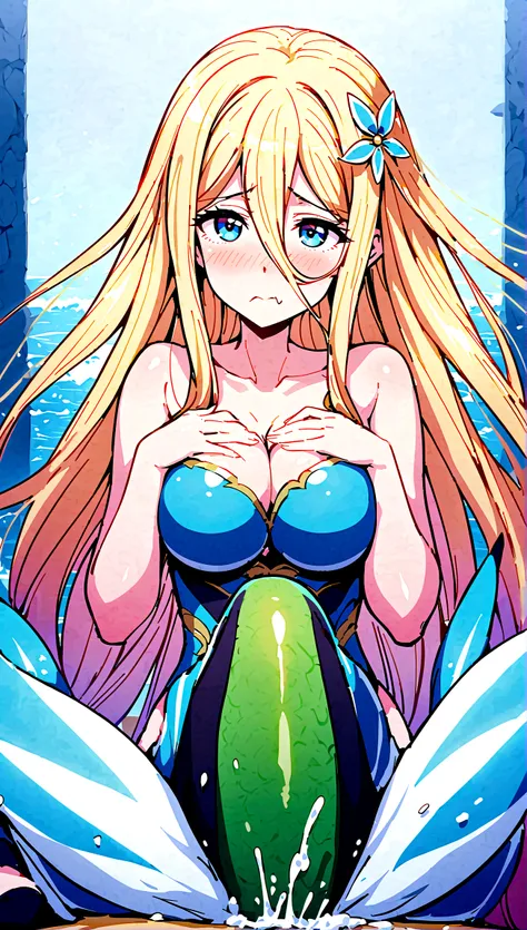 ФонAnime mermaid.1 girl. Cutie. Mermaid girl. Half human. Monster girl. Mermaid. The girl is a Mermaid. Blonde. Long hair. Hair ornament. Blue eyes. Beautiful eyes. Perfect eyes. Expressive eyes. Ideal face. Face about to sneeze
Sneezing face. Beautiful no...