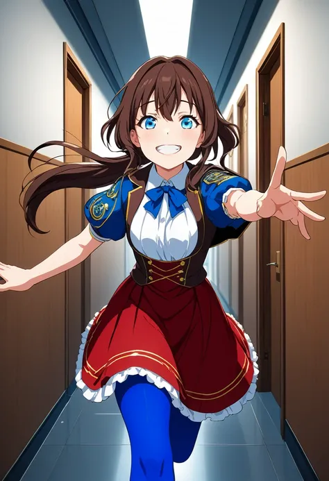 One girl, blue eyes, Long Hair, Brown Hair, Side Lock, Low Ponytail, ribbon, dress, White shirt, Puffy sleeves, Short sleeve, Red Skirt, Cape, Blue Pantyhose, running, Reaching out towards the viewer, close your eyes, smile, Open Mount, indoor, corridor, c...