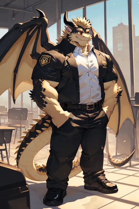 (sfw:1.5), male focus, security guard, Handsome 1boy, solitary，protrait photo, single, (Black eyebrows:1.2), (White nails, White Paws:1.4), (Light blond hair:1.5), (Black and gold dragon wings, Huge black and gold dragon wings:1.3), Black and gold skin, (B...