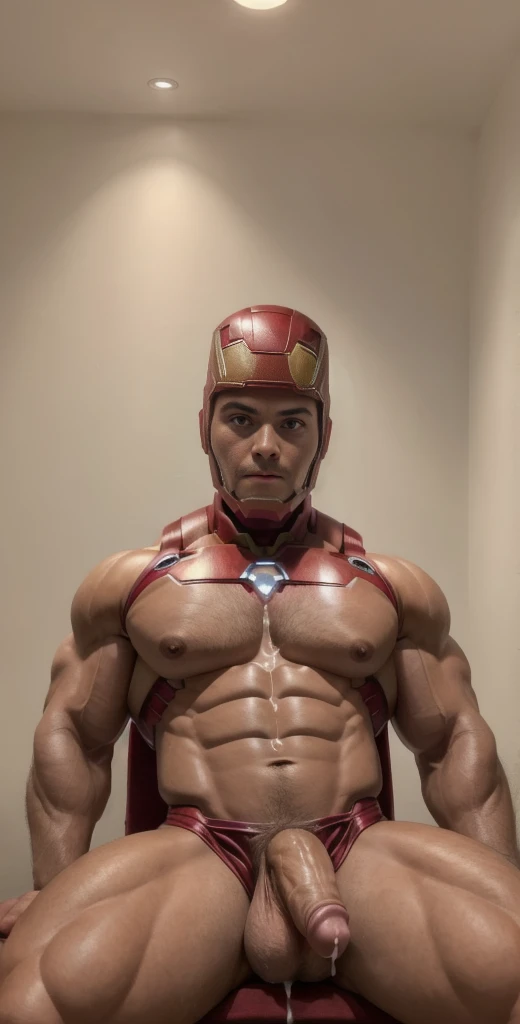 (masterpiece, intricately detailed, highest resolution, best quality:1.2), (doujin), a cocky Latino Instagram influencer,a 24 y.o muscle stud with a muscular physique sitting on a chair with black eyes,dark-skinned male, wearing a ((Ironman inspired costum...