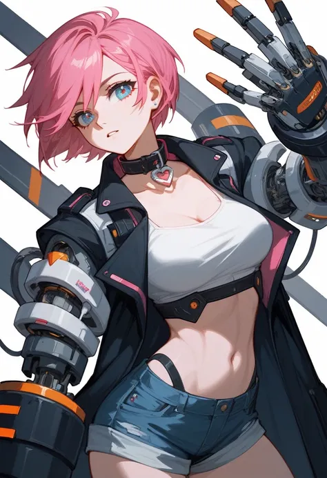 (Fraction_9,Fraction_8_Direction_7_up),1 Woman,Half Body，Pink Hair、short hair，Black coat、White top，Denim shorts，Mechanical arm，官方Role艺术,  Role,  mechanized valkyrie girl，Neck collar，high tech，