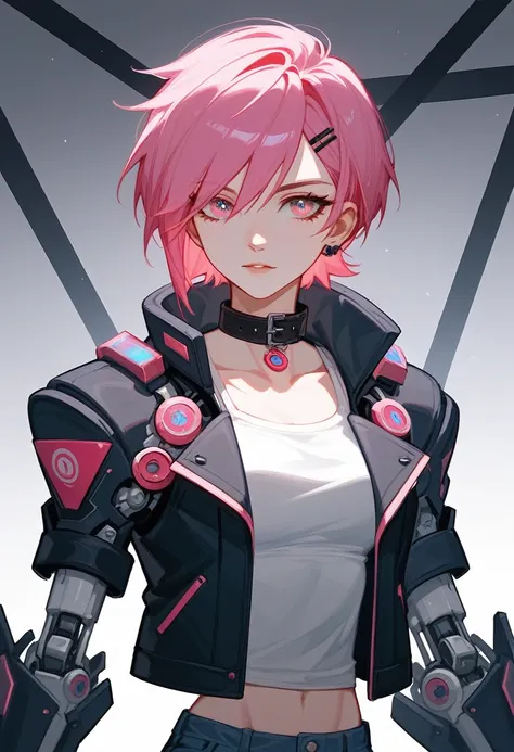 (Fraction_9,Fraction_8_Direction_7_up),1 Woman,Half Body，Pink Hair、short hair，Black coat、White top，Denim shorts，Mechanical arm，官方Role艺术,  Role,  mechanized valkyrie girl，Neck collar，high tech，