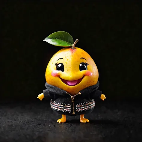 cute tiny creature made of mango , smiling , joyful gesture , wearing modern clothes , on black background