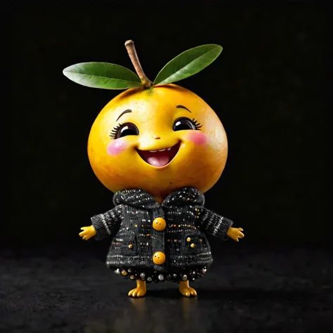 cute tiny creature made of mango , smiling , joyful gesture , wearing modern clothes , on black background