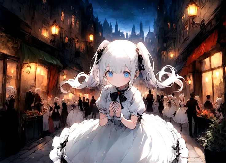 White Hair，Double ponytail curl，Blue Eye Color，White Lolita，Beth，Bustling city streets,Private Server,depth,Innocence